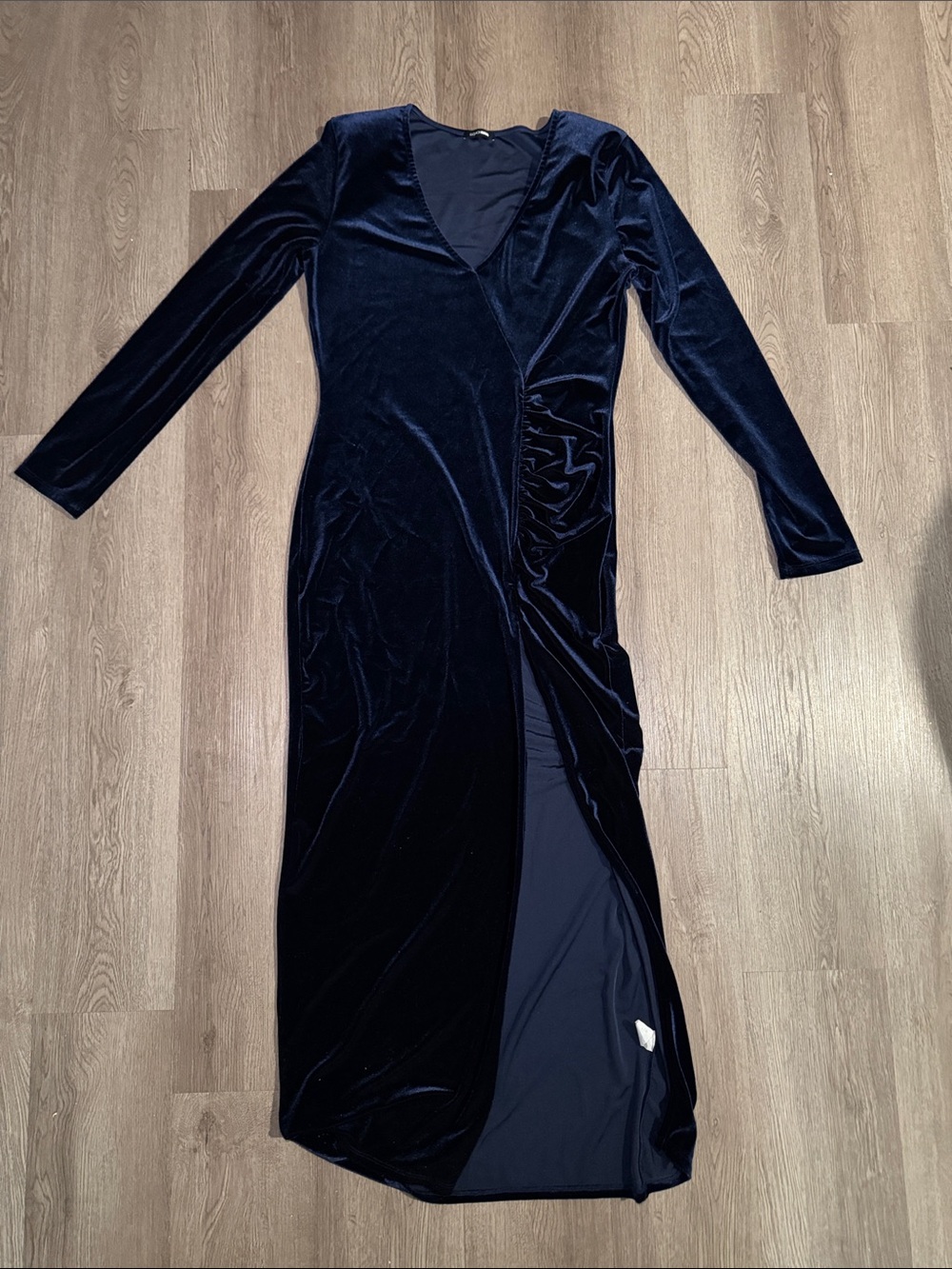 Fashion Nova Velvet Long Sleeve Wrap Dress - Navy Blue